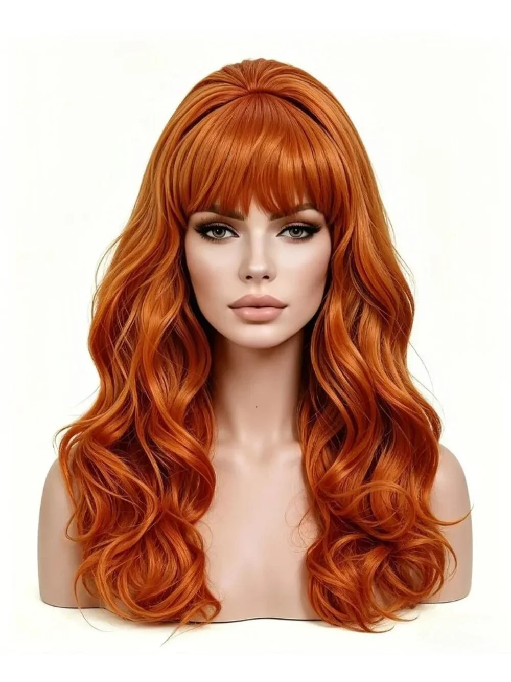 Women's Orange Heat Resistant Synthetic Fiber Retro Long Wavy Wigs Bangs